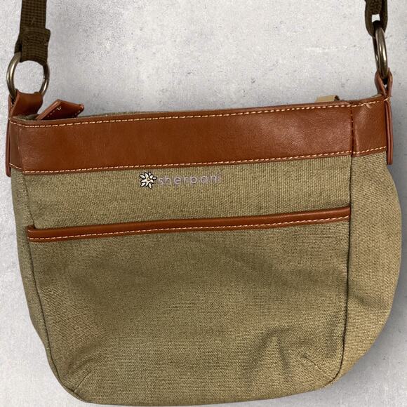 Sherpani Crossbody Purse Canvas Leather Trim Boho Tree Patch Green Brown Bag - Picture 4 of 12